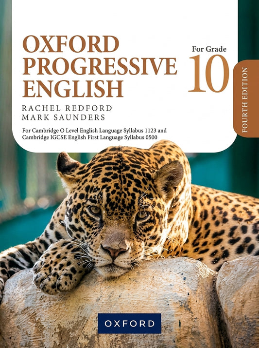Oxford Progressive English Grade 10 Fourth Edition textbook with leopard on turquoise background cover