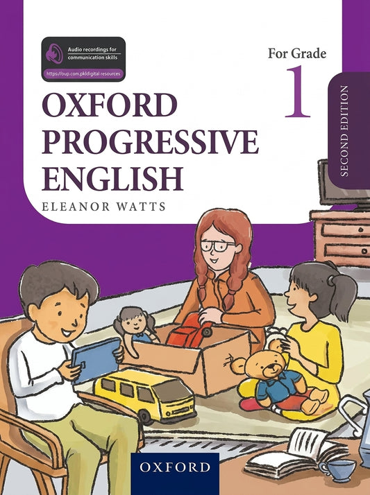 Oxford Progressive English Grade 1 Second Edition textbook cover showing children and teacher learning together with toys and books