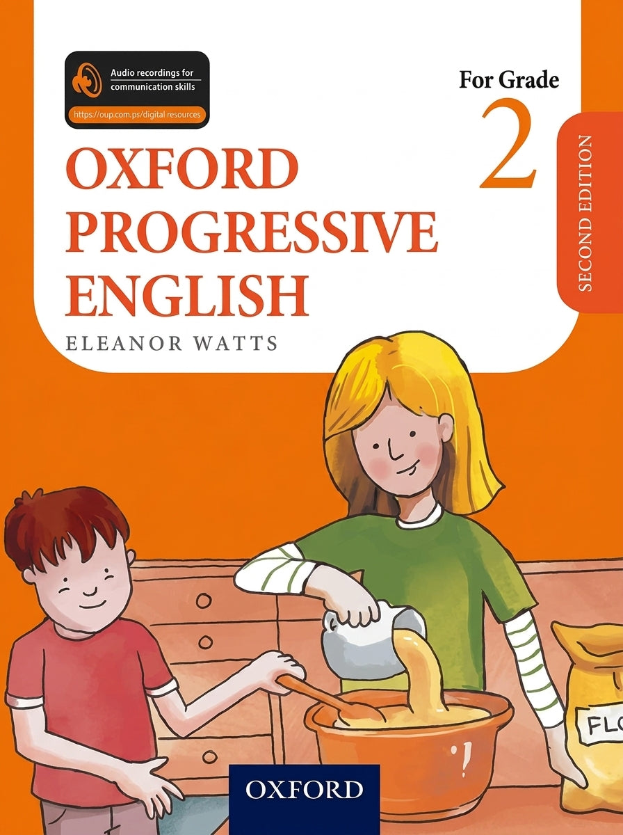 Oxford Progressive English Grade 2 Second Edition textbook with illustrated cover showing two children cooking together
