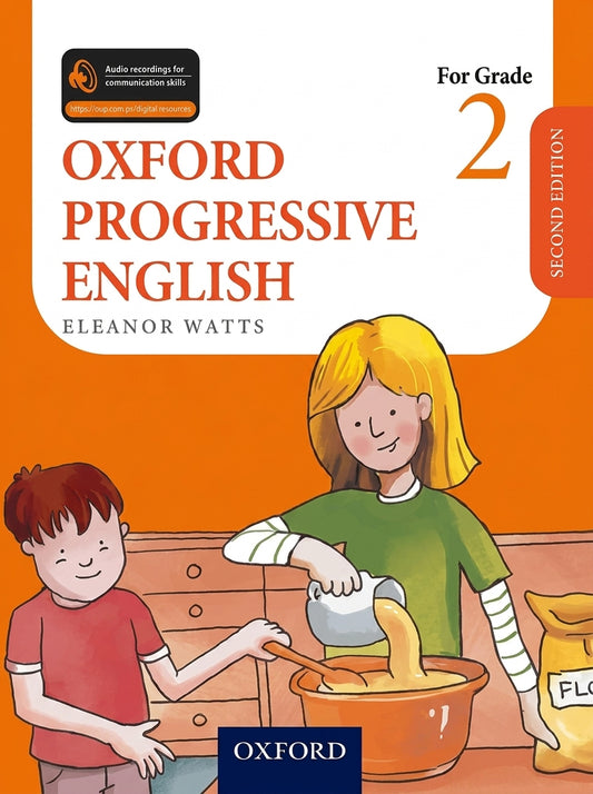 Oxford Progressive English Grade 2 Second Edition textbook with illustrated cover showing two children cooking together