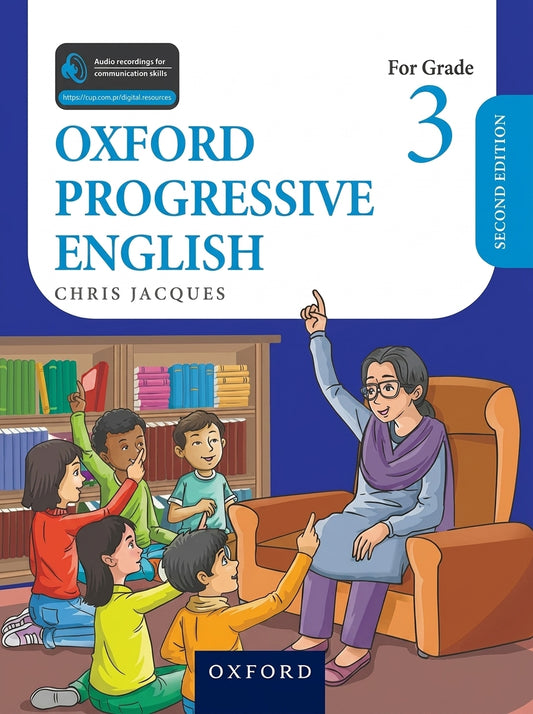 Oxford Progressive English Grade 3 Second Edition book cover showing a teacher with five diverse students in a library classroom setting.