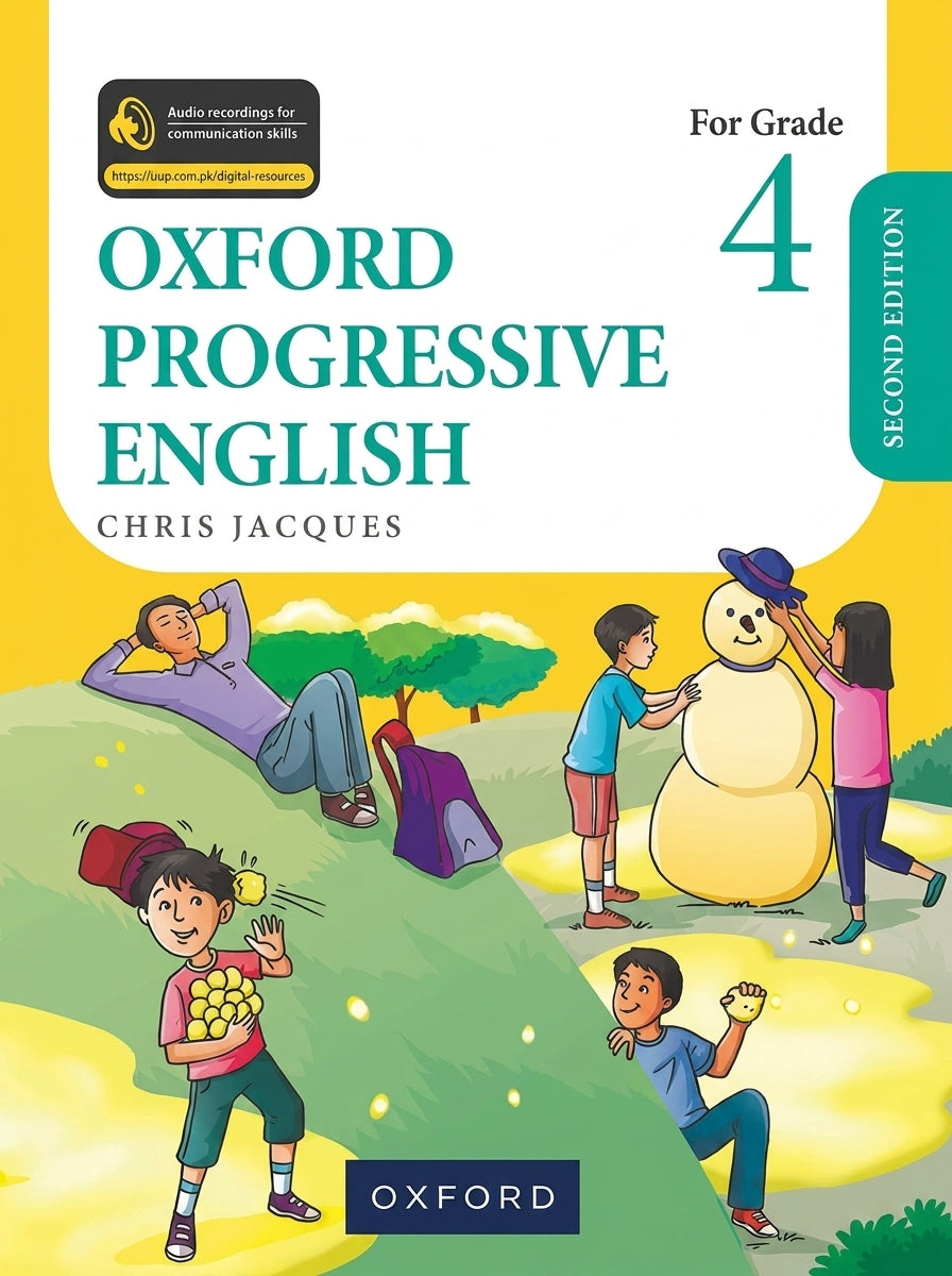 Oxford Progressive English Grade 4 Second Edition textbook cover with illustrated children playing outdoors, yellow and teal design