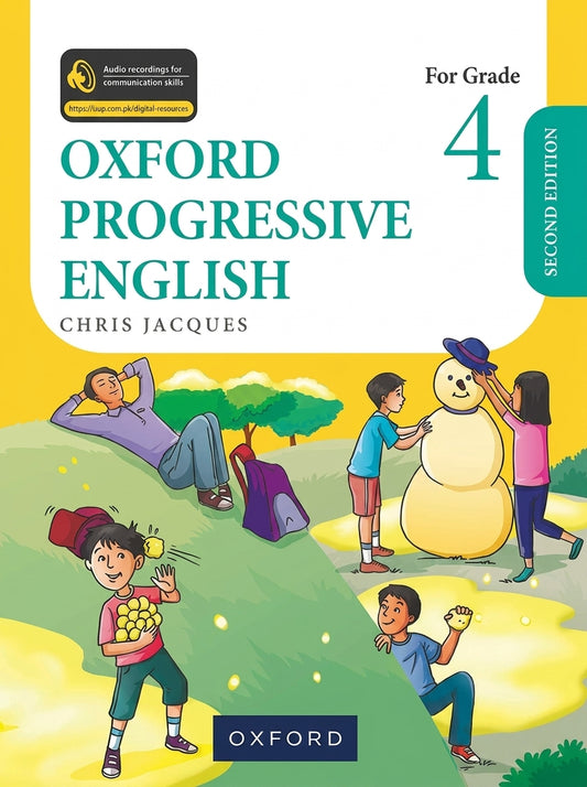 Oxford Progressive English Grade 4 Second Edition textbook cover with illustrated children playing outdoors, yellow and teal design