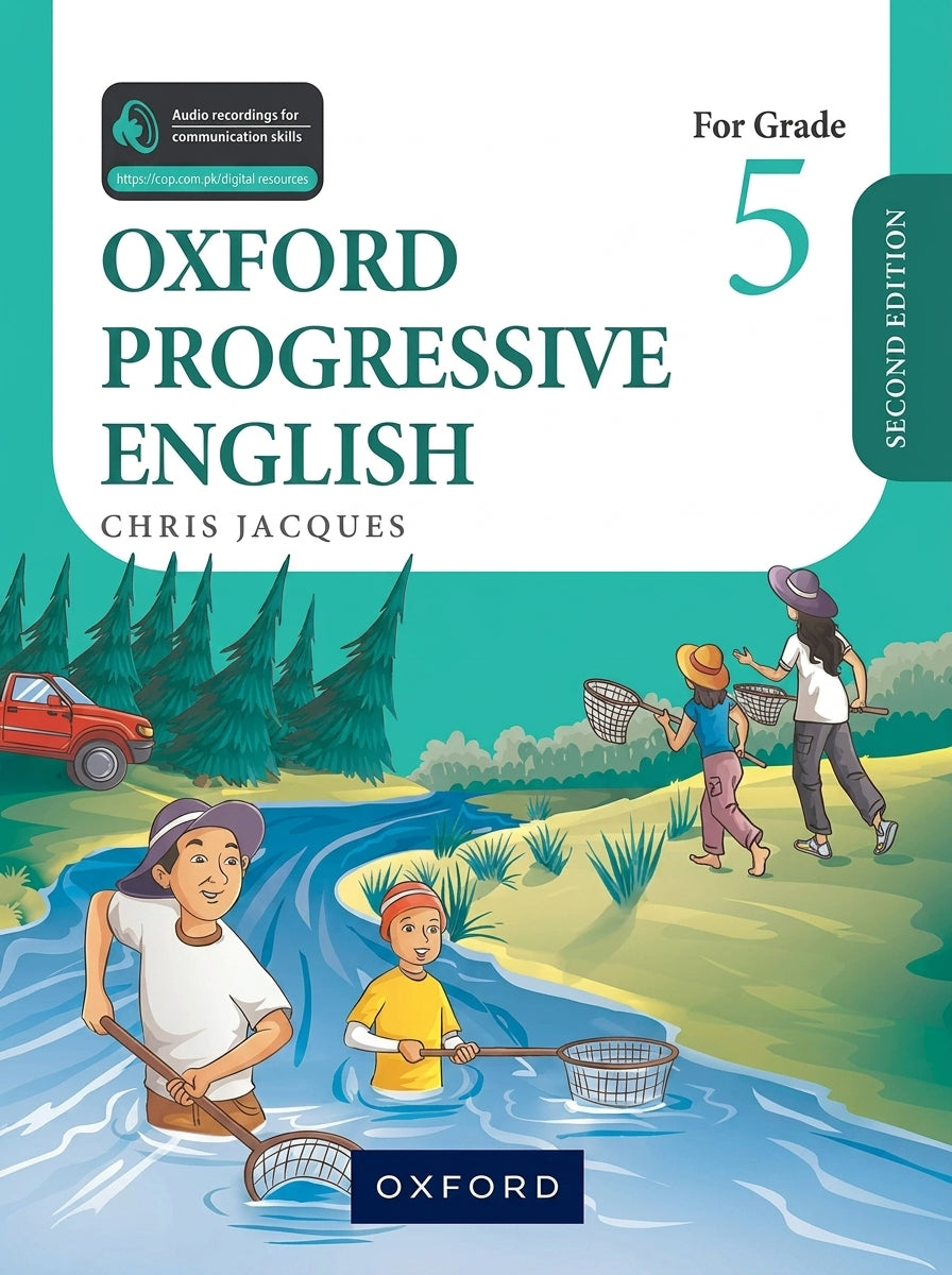 Oxford Progressive English Grade 5 Second Edition by Chris Jacques with colorful cover showing children engaging in outdoor activities near water and forest.