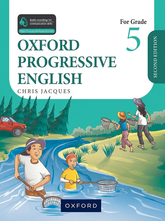 Oxford Progressive English Grade 5 Second Edition by Chris Jacques with colorful cover showing children engaging in outdoor activities near water and forest.
