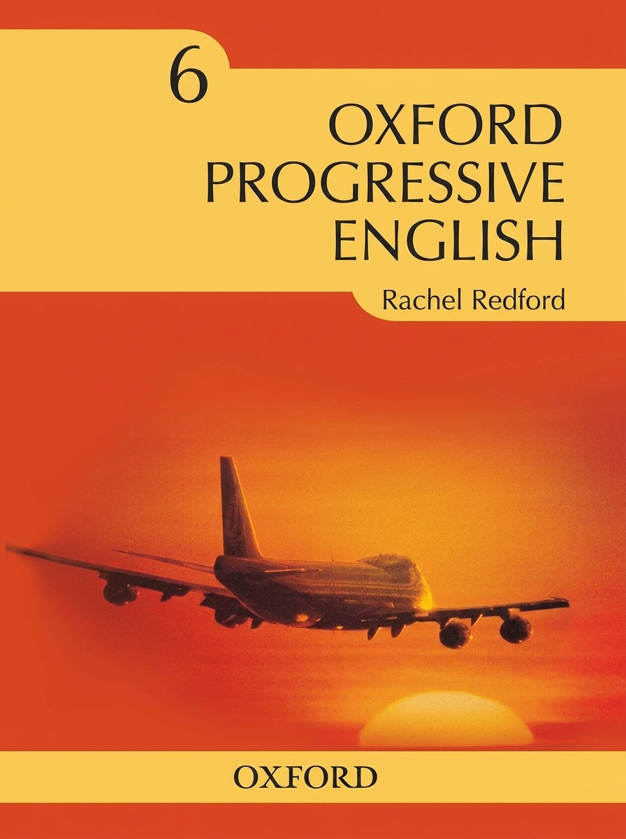 Oxford Progressive English Book 6 by Rachel Redford cover featuring an airplane at sunset with warm orange and yellow gradient background