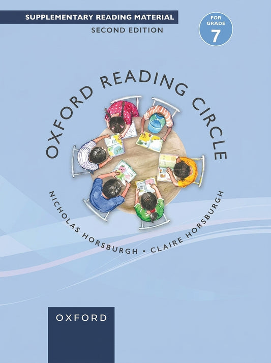 Oxford Reading Circle Grade 7 Second Edition book cover with five diverse children reading around a wooden table on light blue background