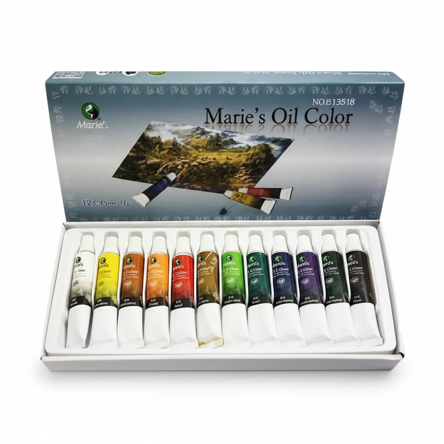 Marie's Oil Paint Set with 12 colored paint tubes in 12ml sizes, displayed in white storage box with landscape painting reference image