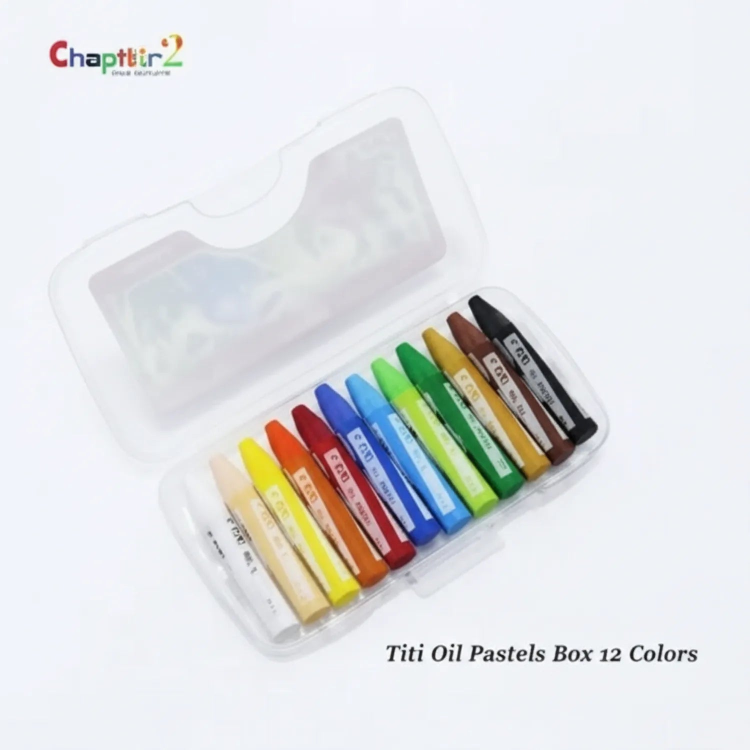 Titi Oil Pastels S12 box open showing 12 vibrant oil pastels in assorted colors including yellow, orange, red, blue, green, brown, and black in clear plastic storage case