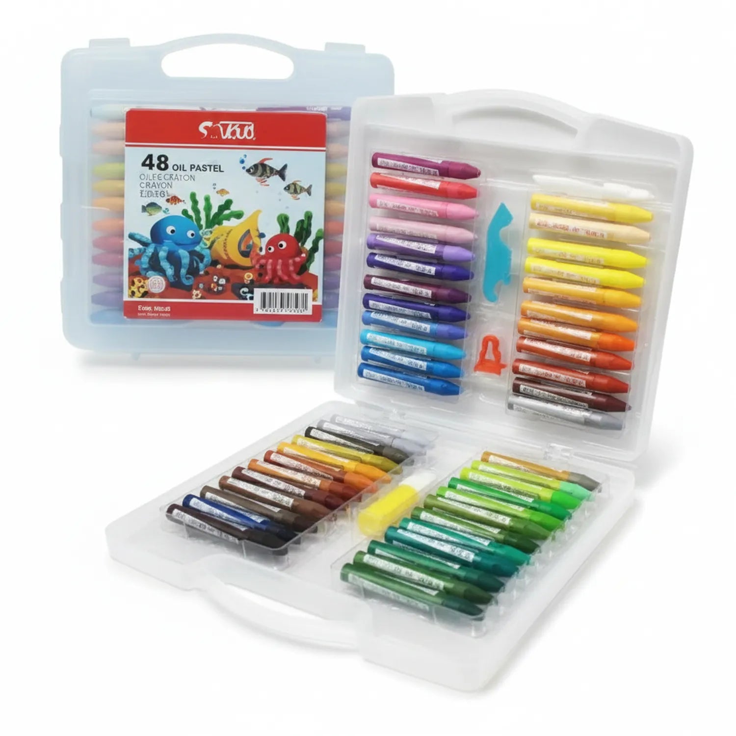 Skkido Oil Pastel S48 set with 48 colors displayed in clear plastic organizer case, featuring multiple color compartments and carrying handle