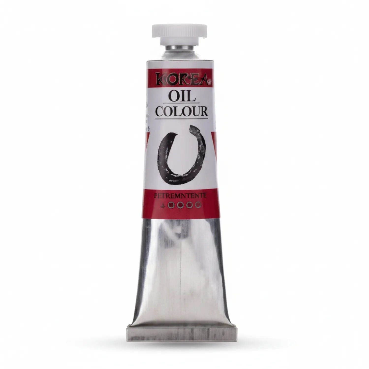 Karea Oil Colour single tube with white cap and red band, professional oil paint in metal tube with brush stroke graphic