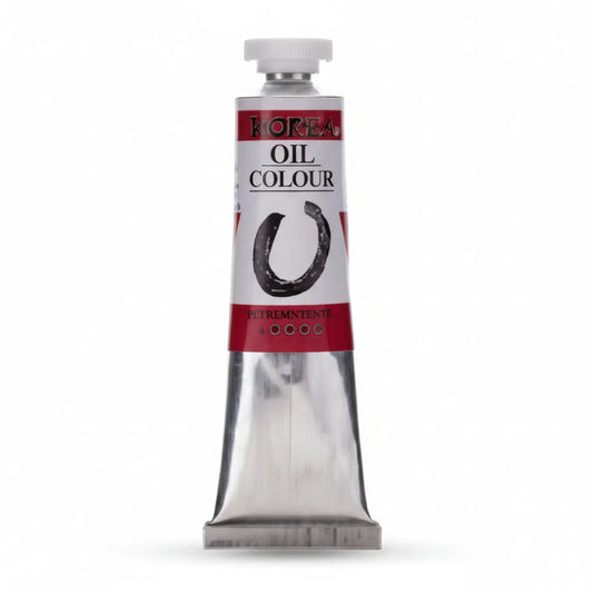 Karea Oil Colour single tube with white cap and red band, professional oil paint in metal tube with brush stroke graphic