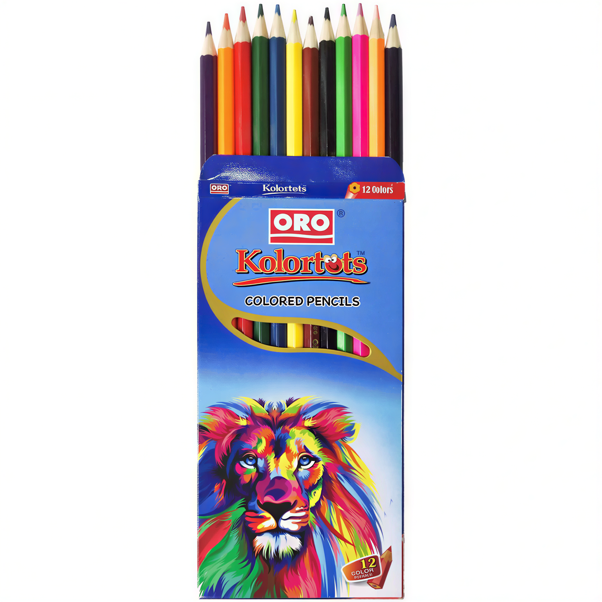 Oro Kolortets 12 colored pencils set with vibrant assorted colors and colorful lion artwork on blue packaging