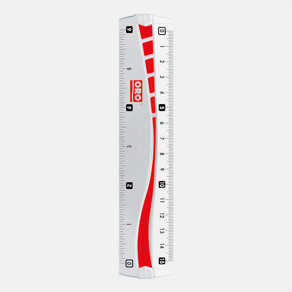 Oro Foot Ruler 15cm 6 inch No.22 with dual metric and imperial scales, white gray body with red measurement indicators.
