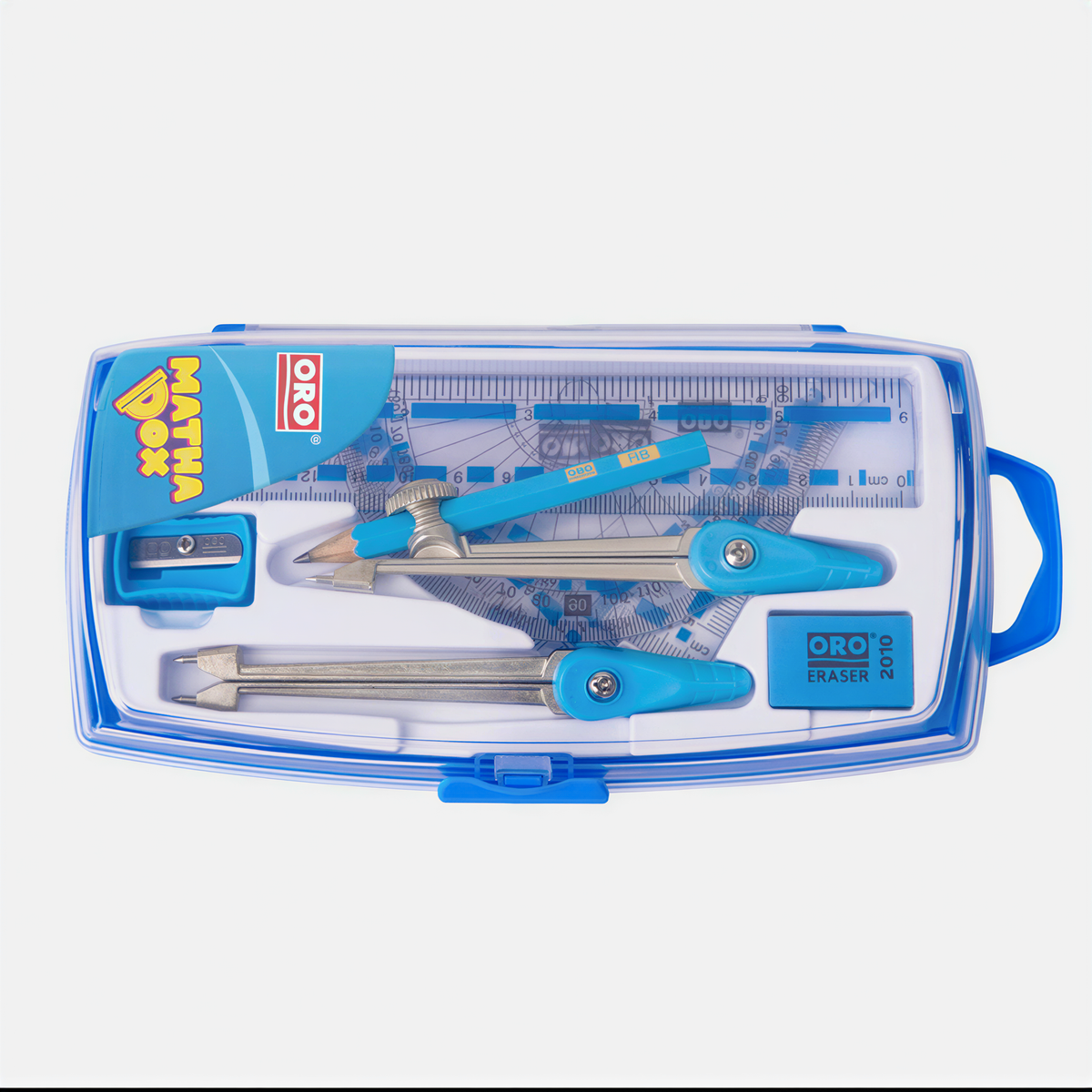 Oro Geometry Math Box No. 800 in blue with rulers, compass, protractor, eraser and sharpener in clear case