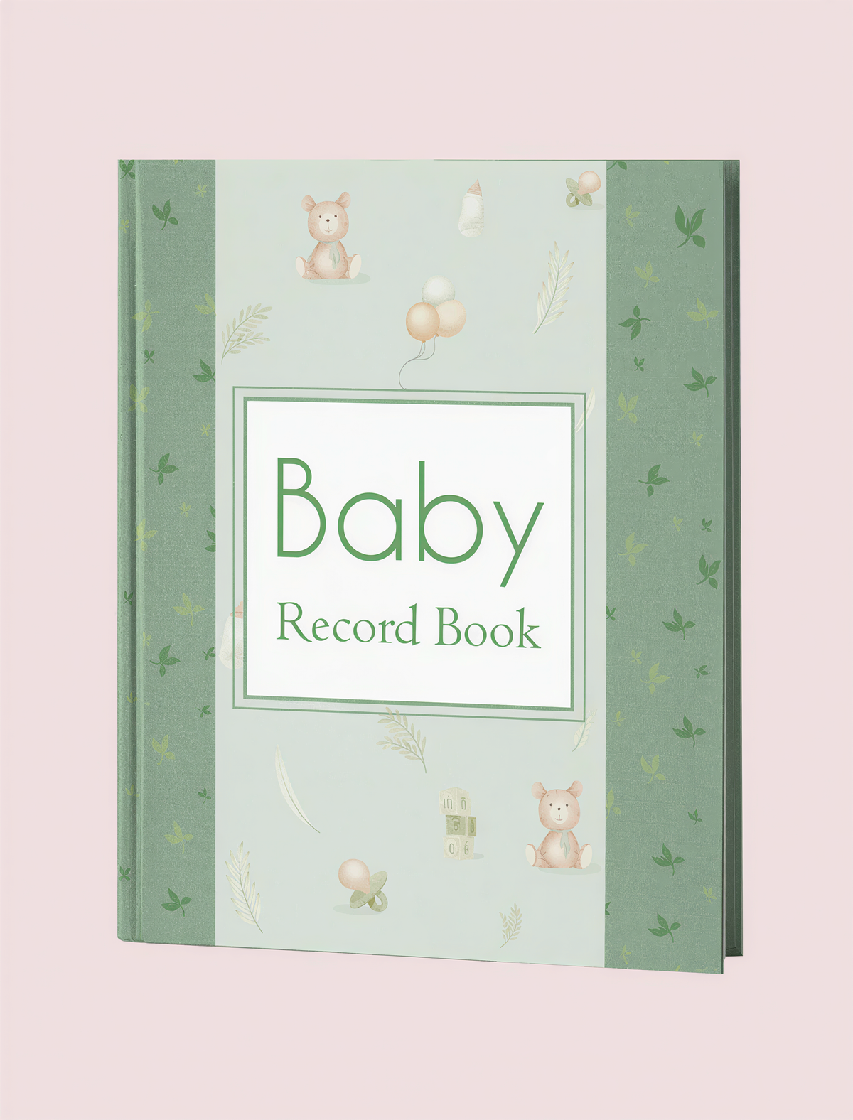 Baby Record Book with green botanical cover design, featuring teddy bears, balloons, and botanical illustrations.