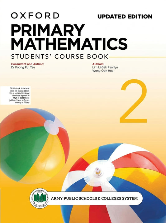 Oxford Primary Mathematics Students' Course Book 2 Updated Edition with colorful beach ball graphics and Army Public Schools & Colleges System logo