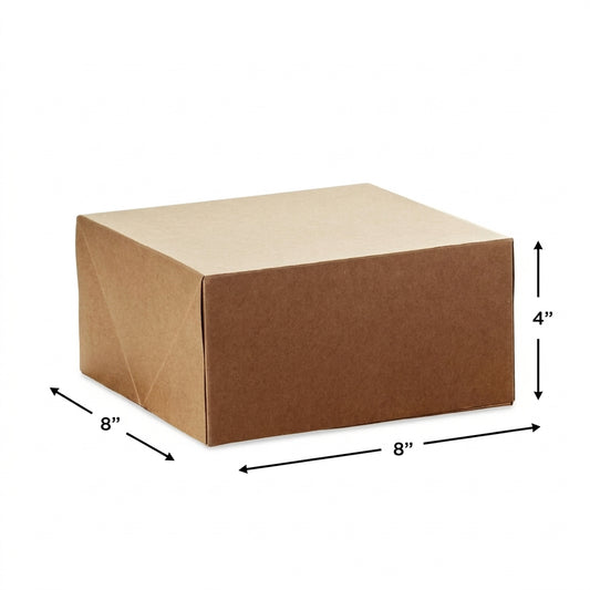 Brown kraft corrugated shipping box 8 inches wide, 8 inches deep, 4 inches tall with plain lid