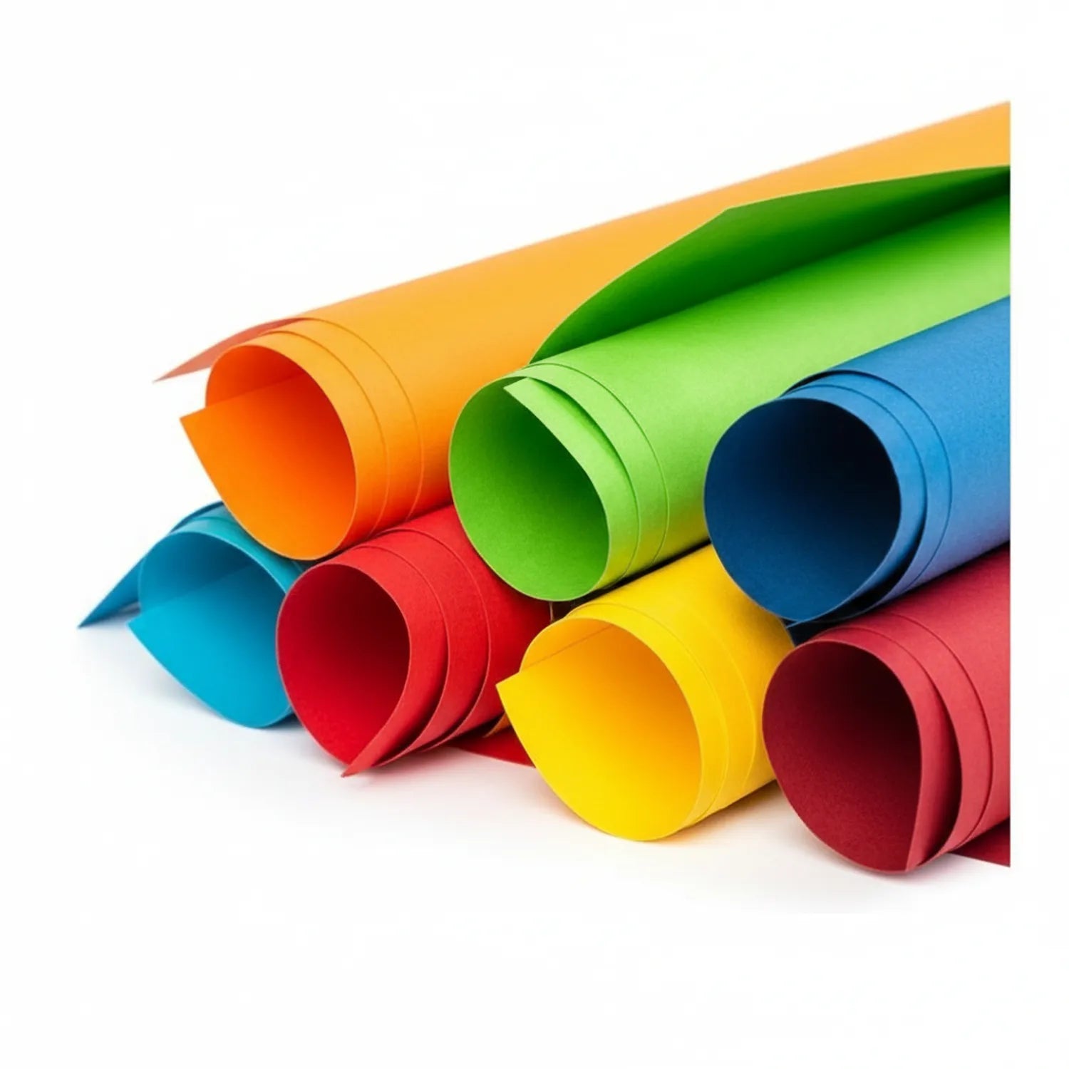 Six rolled colored papers in orange, green, blue, red, yellow, and burgundy displayed against white background