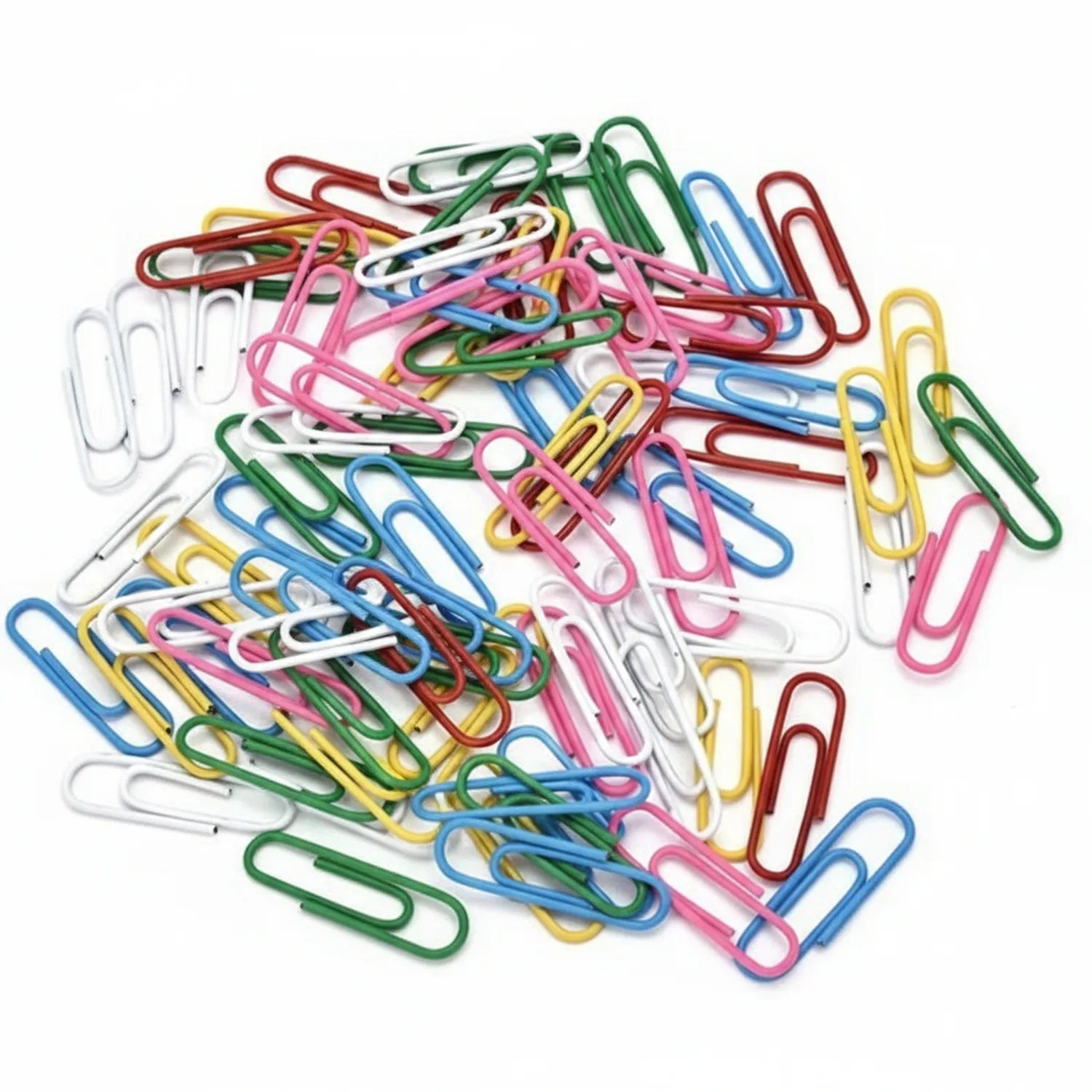 Assorted colorful paper clips in flower design featuring pink, blue, green, yellow, white, and red colors in bulk quantity pile
