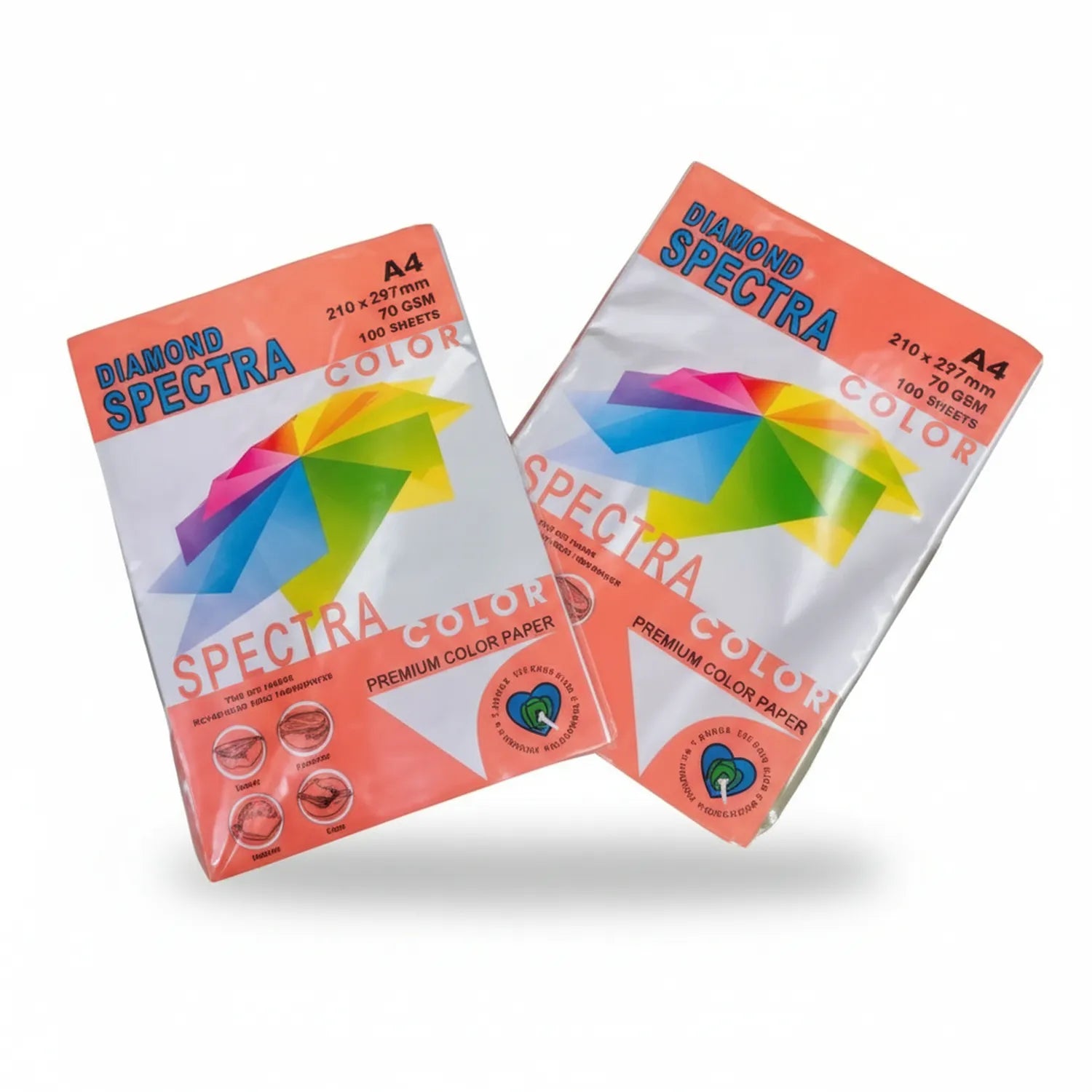 Two packs of Diamond Spectra Premium Color Paper A4 with colorful geometric logo, 210x297mm, 70gsm, 100 sheets per pack, orange packaging