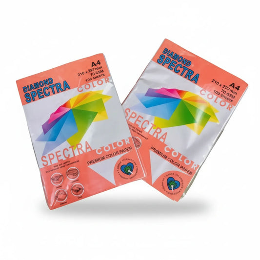 Two packs of Diamond Spectra Premium Color Paper A4 with colorful geometric logo, 210x297mm, 70gsm, 100 sheets per pack, orange packaging