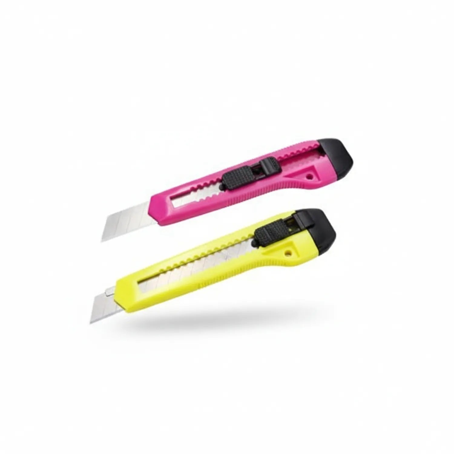 SDI Small 405 Paper Cutter 2-pack showing pink and yellow retractable blade cutters with black safety locks and grip handles
