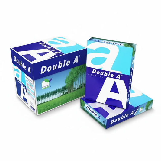 Double A A3 copy paper ream package showing carton box and individual ream pack with forest landscape branding and blue/navy design elements