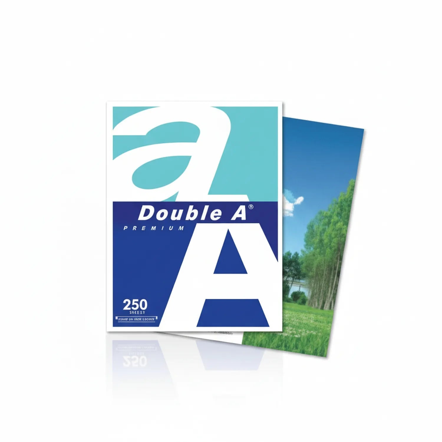 Double A Premium Paper Ream A4 package showing 250 sheets with turquoise and navy branding, displayed with scenic landscape image on back.