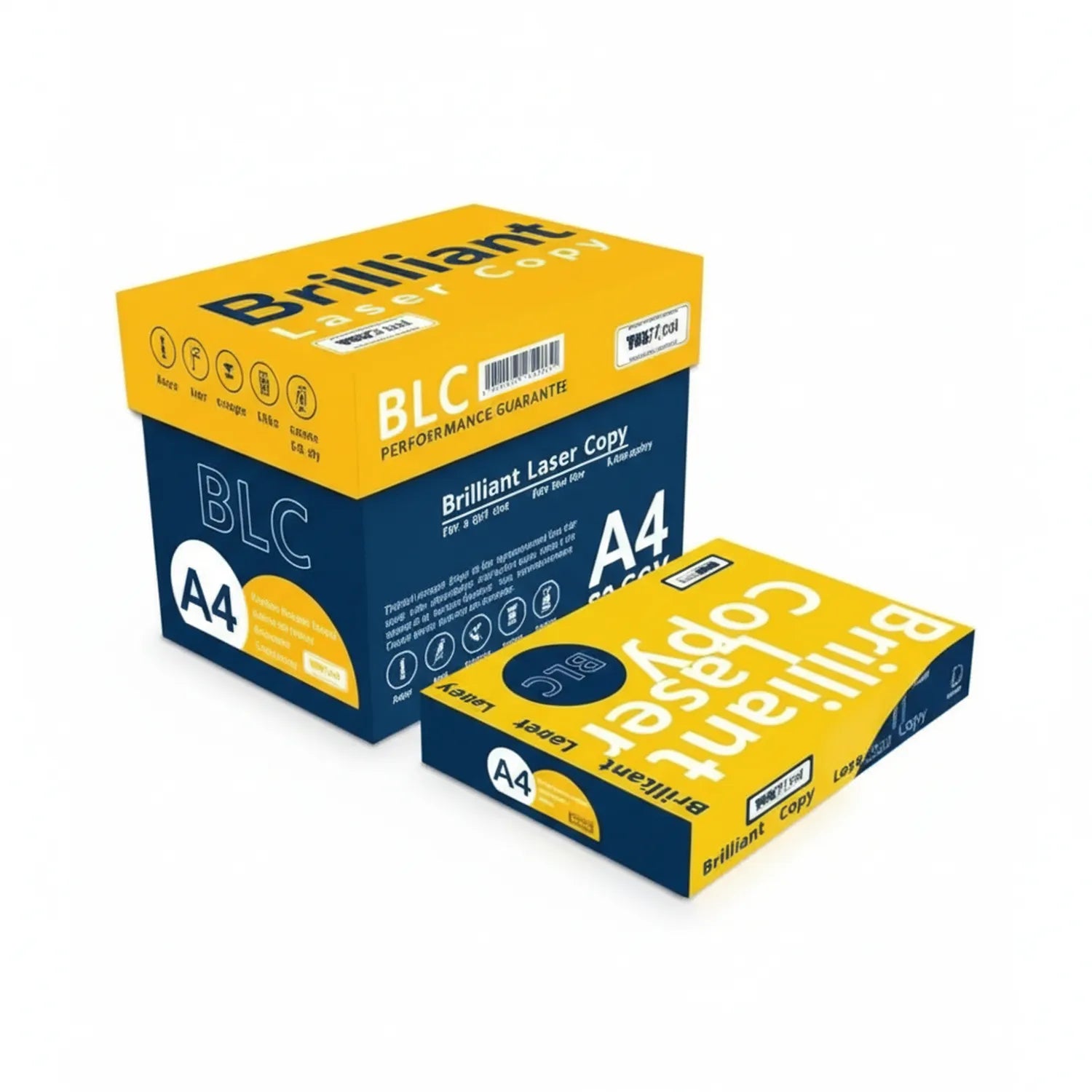 BLC Brilliant Laser Copy Paper A4 ream box and individual pack showing 500 sheets, 80gsm white paper with yellow and navy packaging