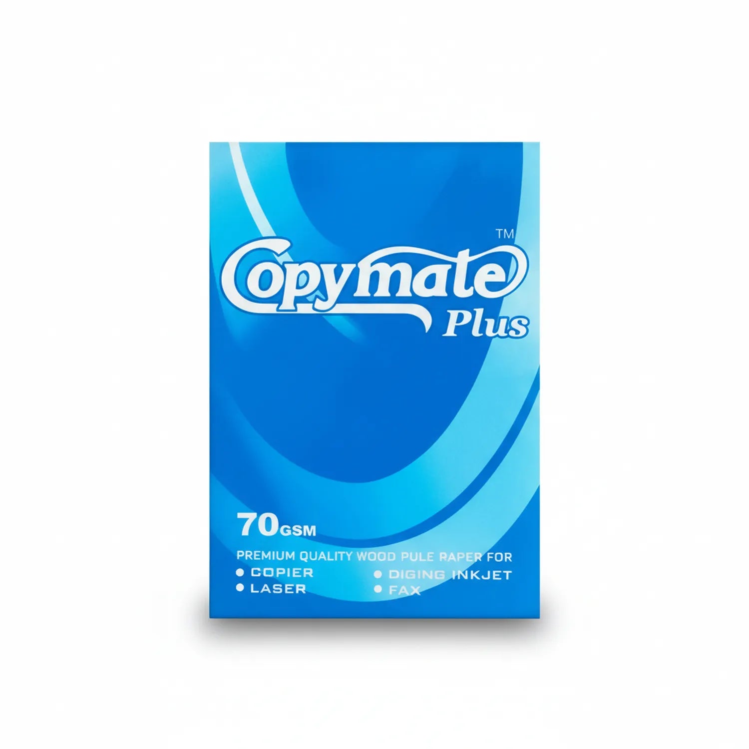 Copymate Plus 70gsm A4 paper ream box in blue packaging with white logo, premium quality wood pulp paper for copier, laser, inkjet and fax machines