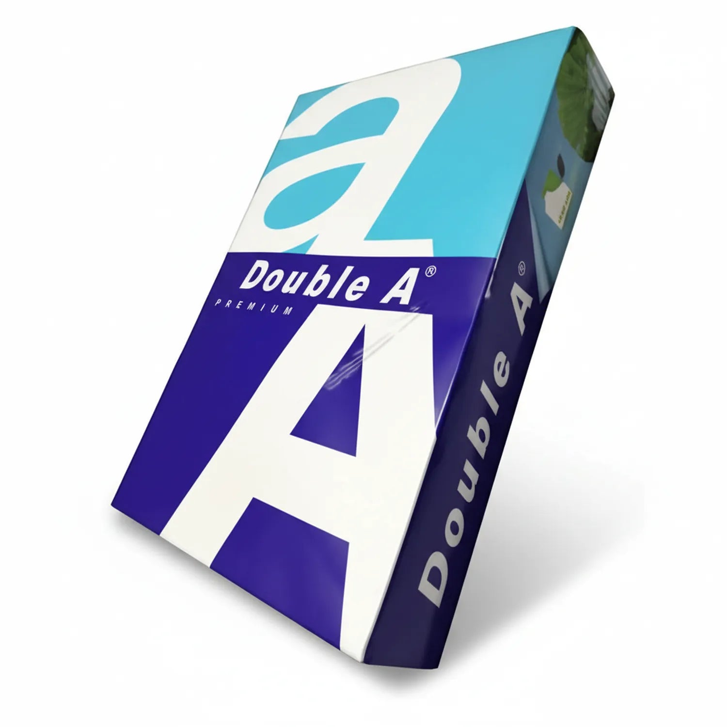 Double A Premium Legal Paper Ream box - 500 sheets, turquoise and navy blue packaging with large 'A' logo