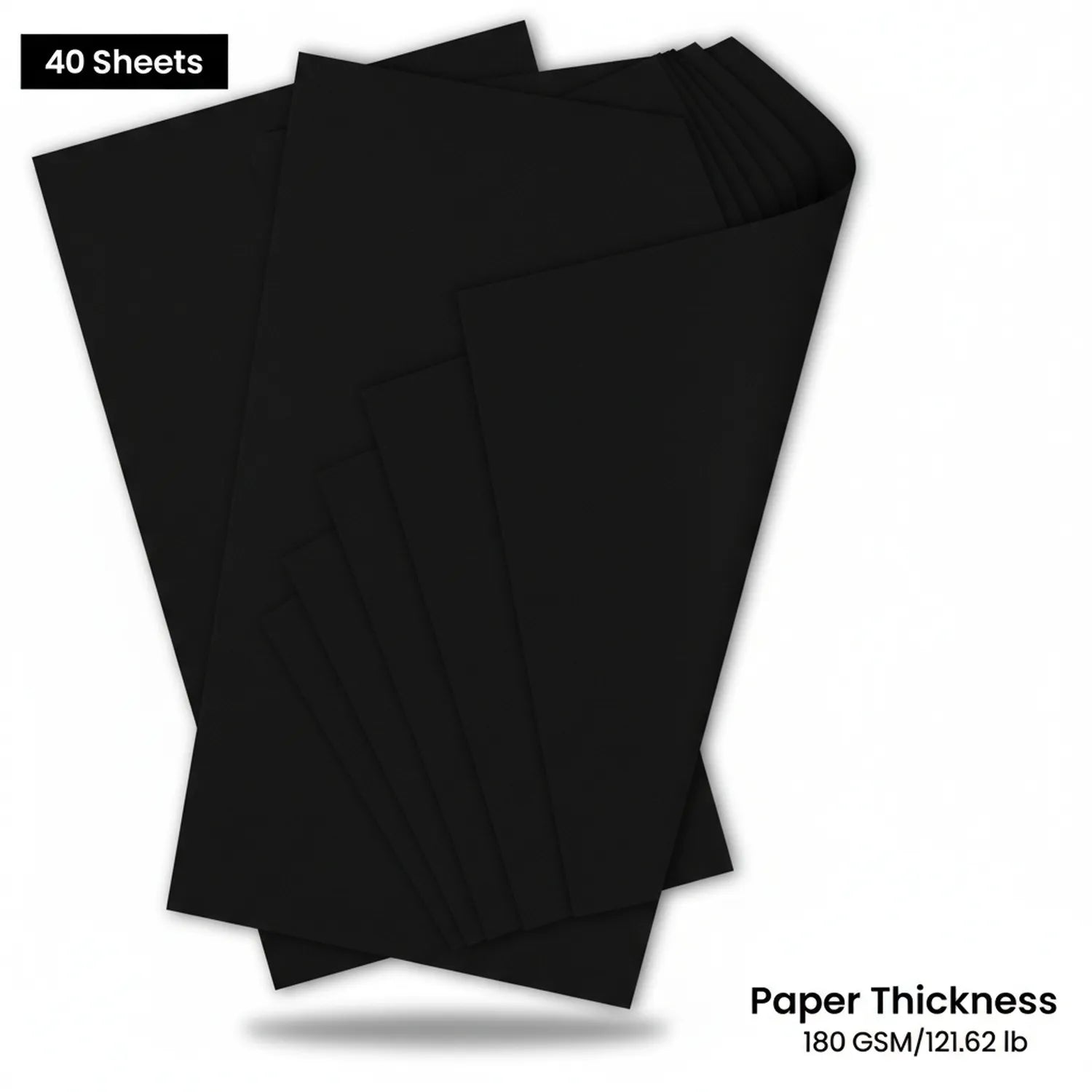 Stack of 40 black paper sheets, 180 GSM premium weight, fanned display showing thickness and quantity