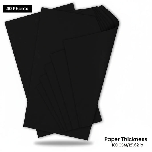 Stack of 40 black paper sheets, 180 GSM premium weight, fanned display showing thickness and quantity