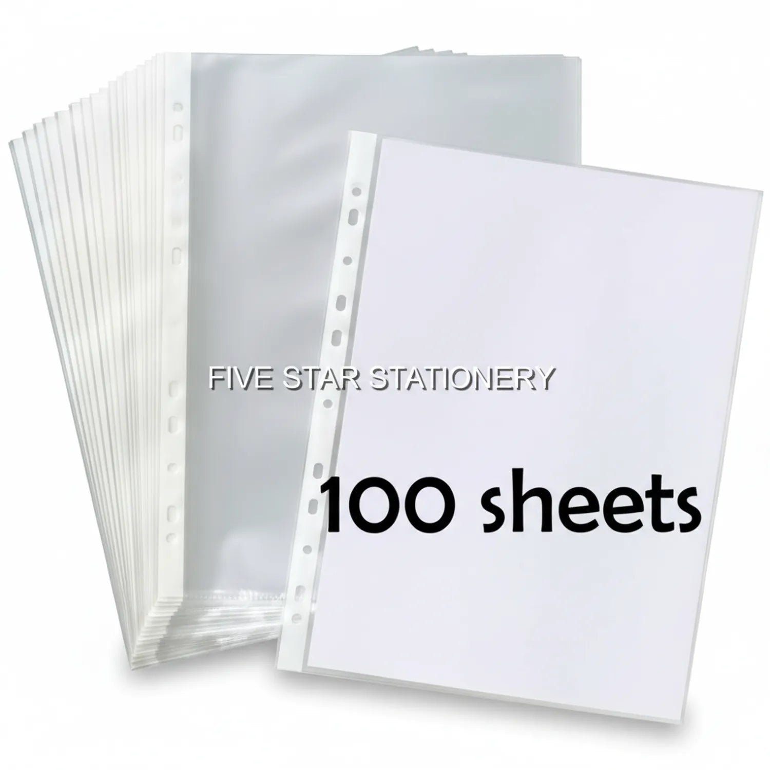 Five Star Stationery 100 sheet protectors package showing clear poly sleeves with reinforced punch holes for binder organization