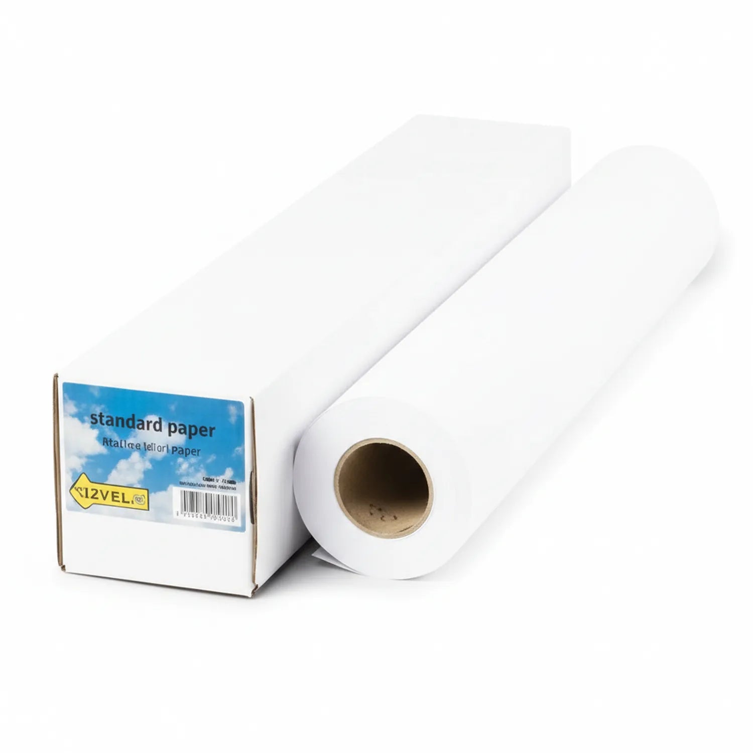 Standard Paper Sheet NL acid-free paper roll with cardboard tube core next to white product box with blue label and yellow Level indicator