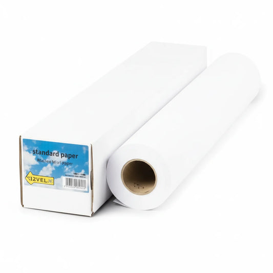 Standard Paper Sheet NL acid-free paper roll with cardboard tube core next to white product box with blue label and yellow Level indicator