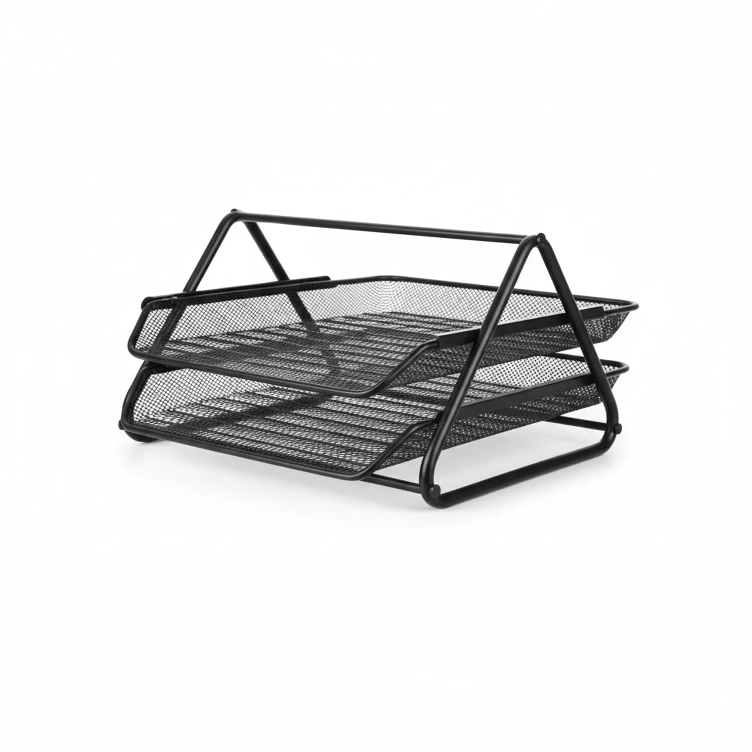 Black metal mesh 2-tier paper tray with sturdy frame and angled sides for desktop document and stationery organization