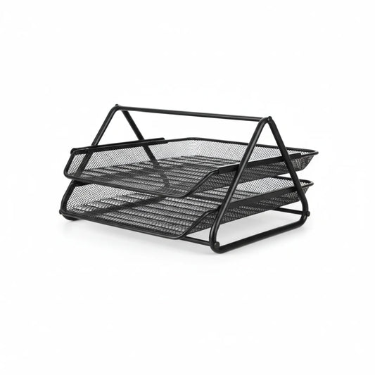 Black metal mesh 2-tier paper tray with sturdy frame and angled sides for desktop document and stationery organization