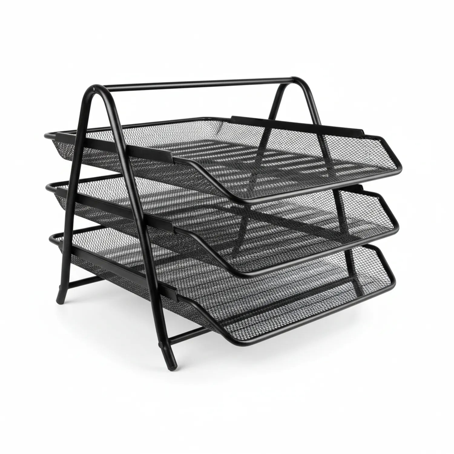 Black 3-tier metal mesh paper tray organizer with angled design, perfect for office and desk organization
