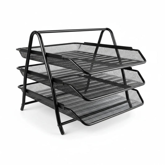 Black 3-tier metal mesh paper tray organizer with angled design, perfect for office and desk organization