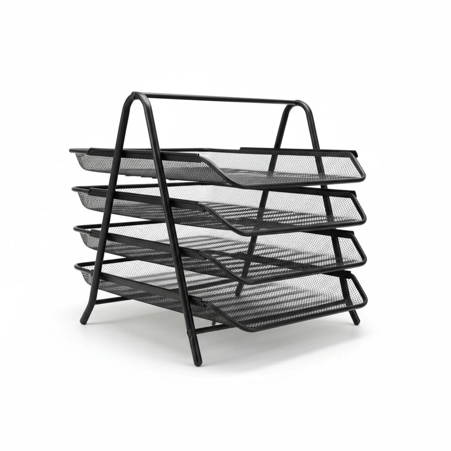 Black metal 4-tier paper tray organizer with mesh trays and sturdy frame legs, ideal for desktop document storage