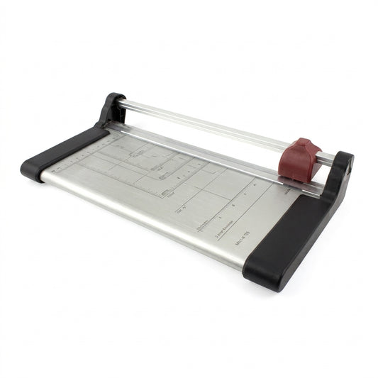 A4 Paper Trimmer with metal base, ruler guides, red safety guard, and sliding blade system