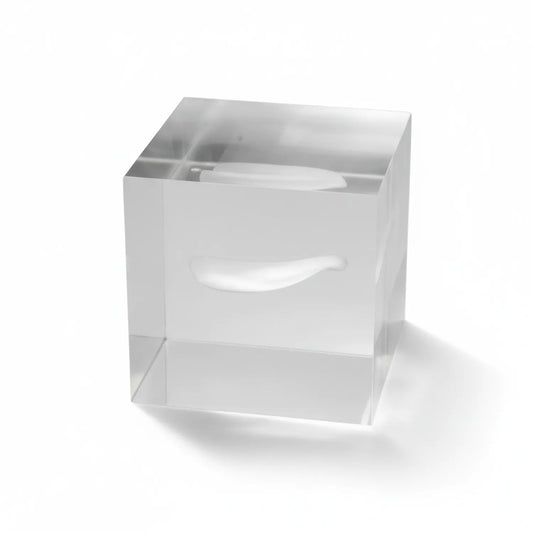 Clear acrylic paper weight with integrated tissue holder and compartments on white background