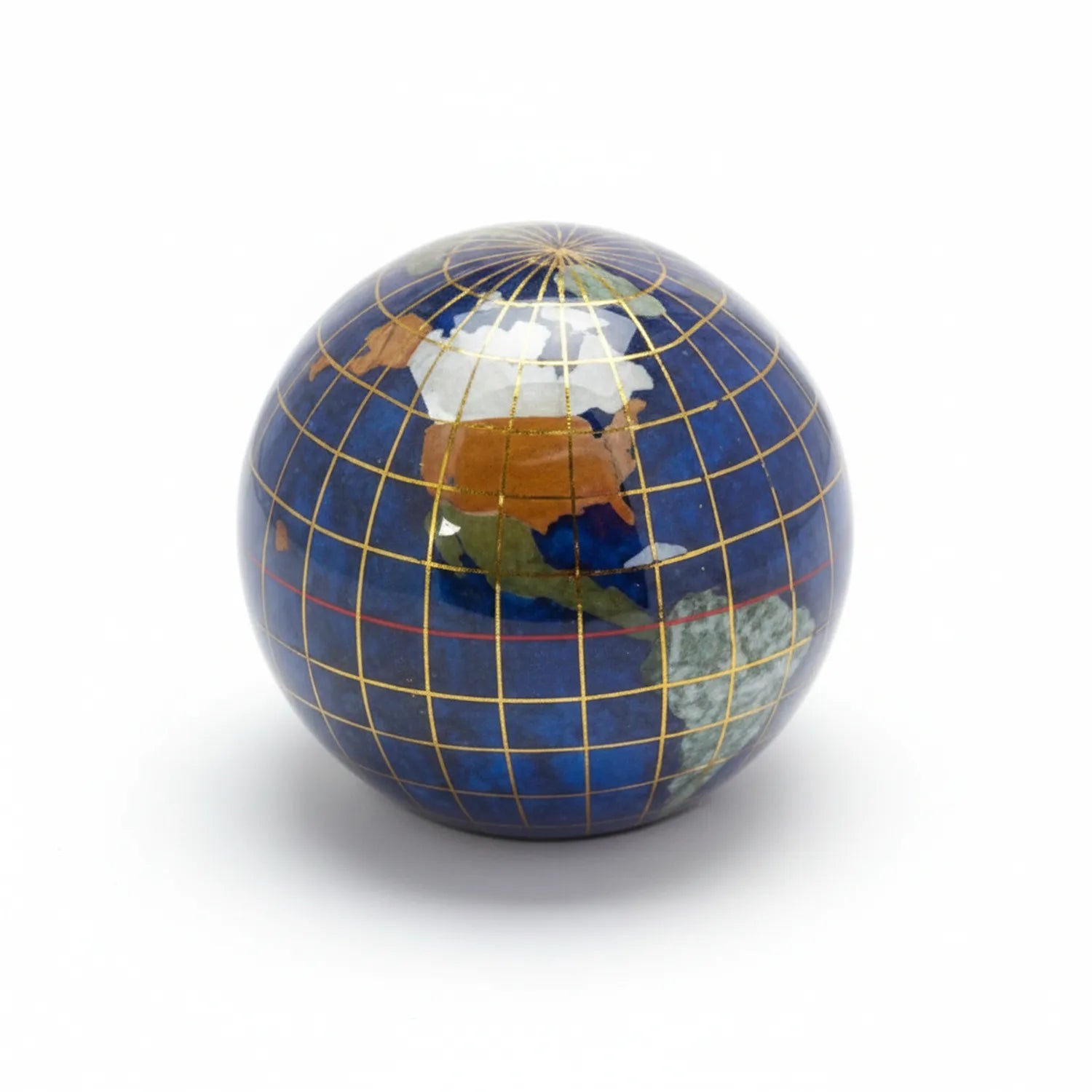 Blue decorative globe paper weight with detailed continental map, golden latitude/longitude grid lines, white polar regions, and polished finish