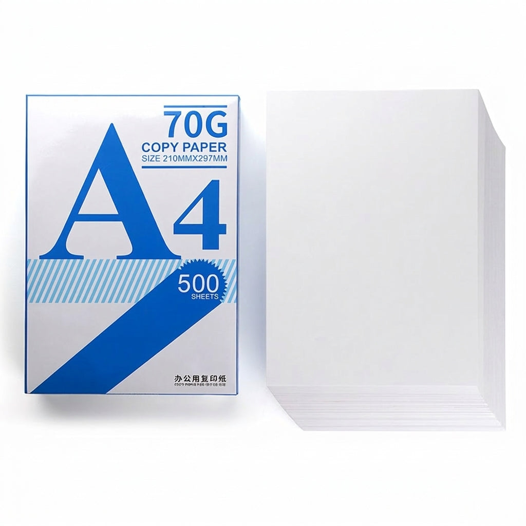 A4 70G white copy paper ream with 500 sheets, blue and white packaging with large A4 logo