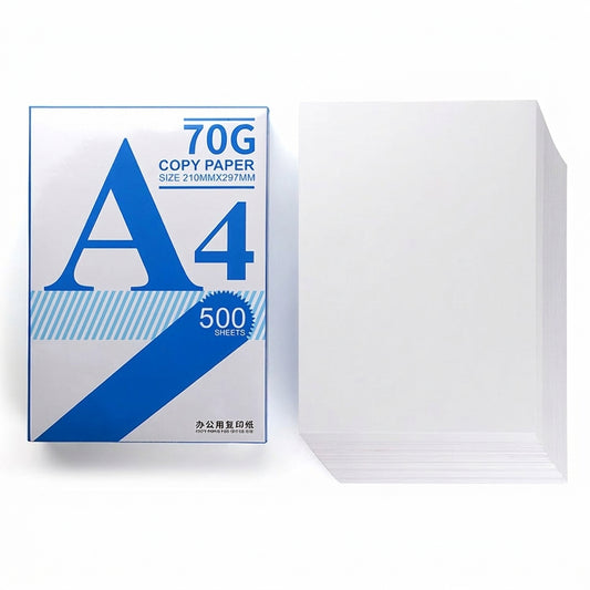 A4 70G white copy paper ream with 500 sheets, blue and white packaging with large A4 logo