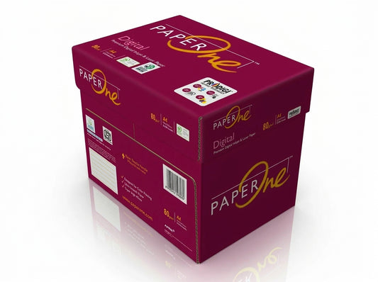 PaperOne Digital A4 80gsm white paper box, burgundy packaging with gold branding and certification logos