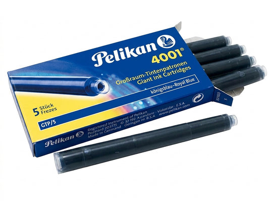Pelikan 4001 Giant Ink Cartridges box with 5 royal blue cartridges displayed, German made writing supplies