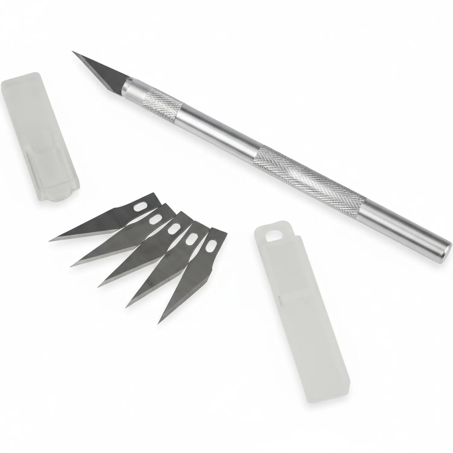 Pen Cutter 10078 KS with metallic handle, 5 black replacement blades, and 2 protective plastic cases displayed on white background